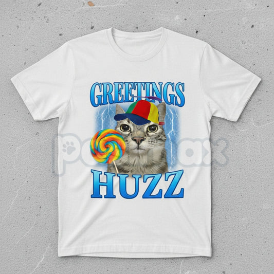 "Greetings Huzz" Lollipop Cat Meme T-Shirt - Funny Silly Brainrot Cat Tee, Viral Internet Humor Graphic Shirt, Ironic Gen Alpha Slang Fan Gift